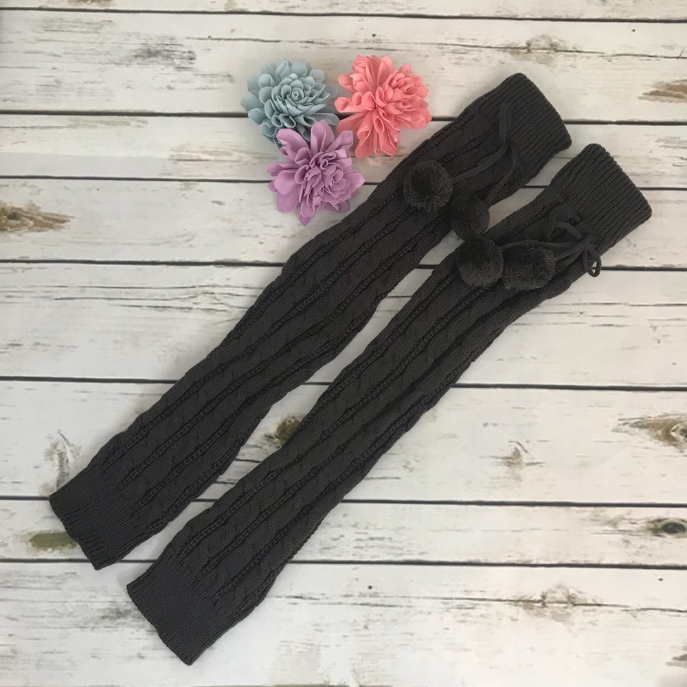Knit Thigh High Leg Warmers with Pom Poms - Picture 4 of 8
